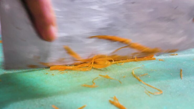 Close-up of a sharp knife slicing a carrot precisely, sending thin orange shavings flying. The motion highlights the skill and technique of food preparation in a professional kitchen.