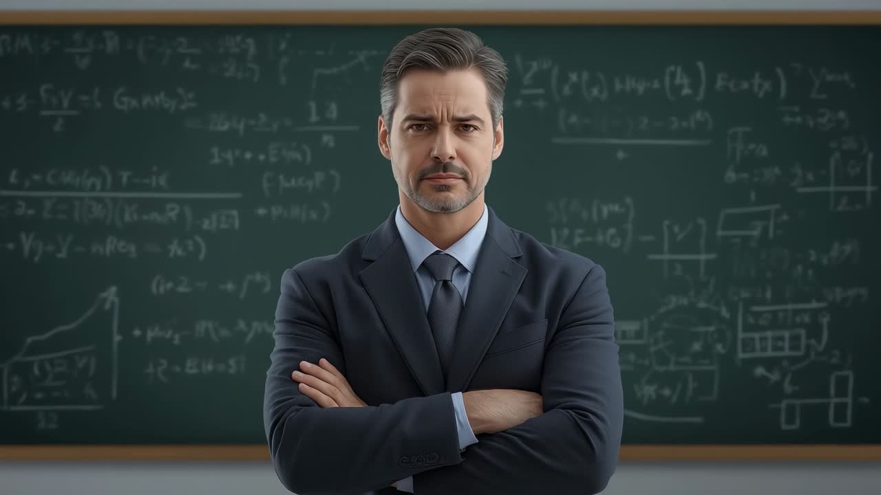 Opening eyes teacher wearing suit, holding crossed arms before chalkboard formulas in classroom