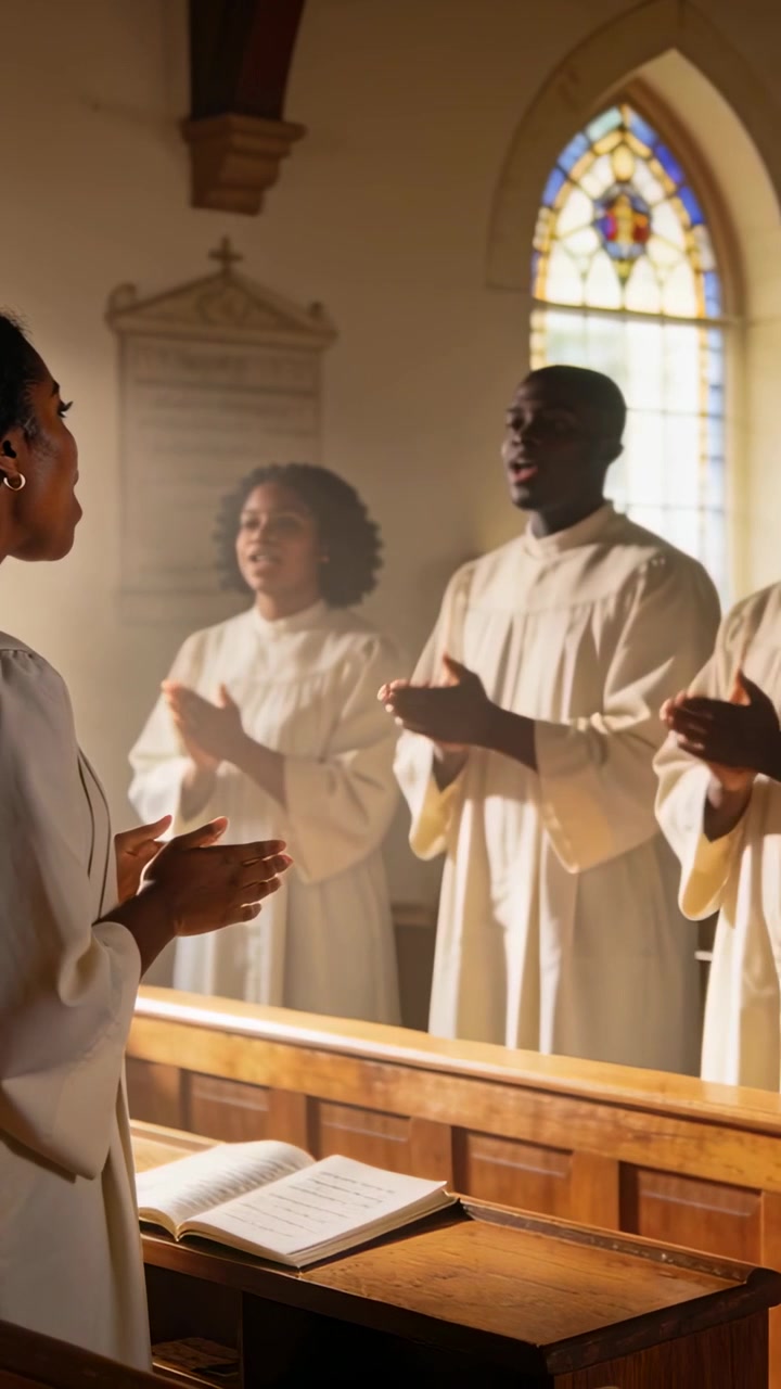 Vertical video: Raising hand choir leader at lectern leading hymn at church backups clapping robes
