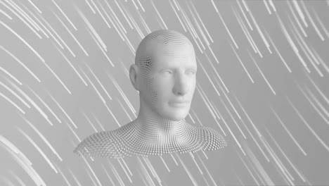 human head forming against light trails on grey background