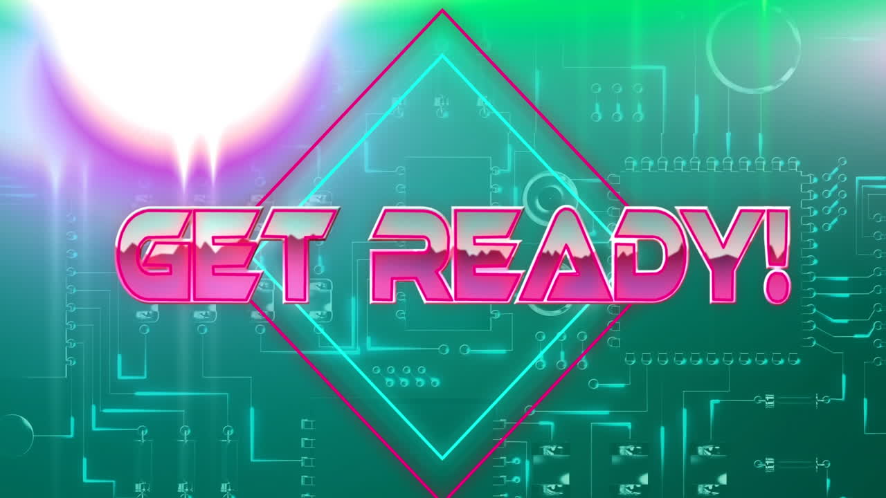 Animation of pink metallic text get ready, over neon lines and light, on green interface