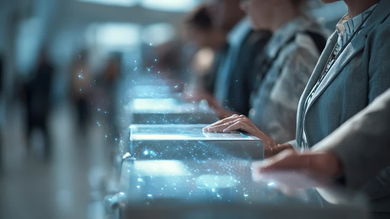 Visitors interact with digital displays in a modern exhibition space