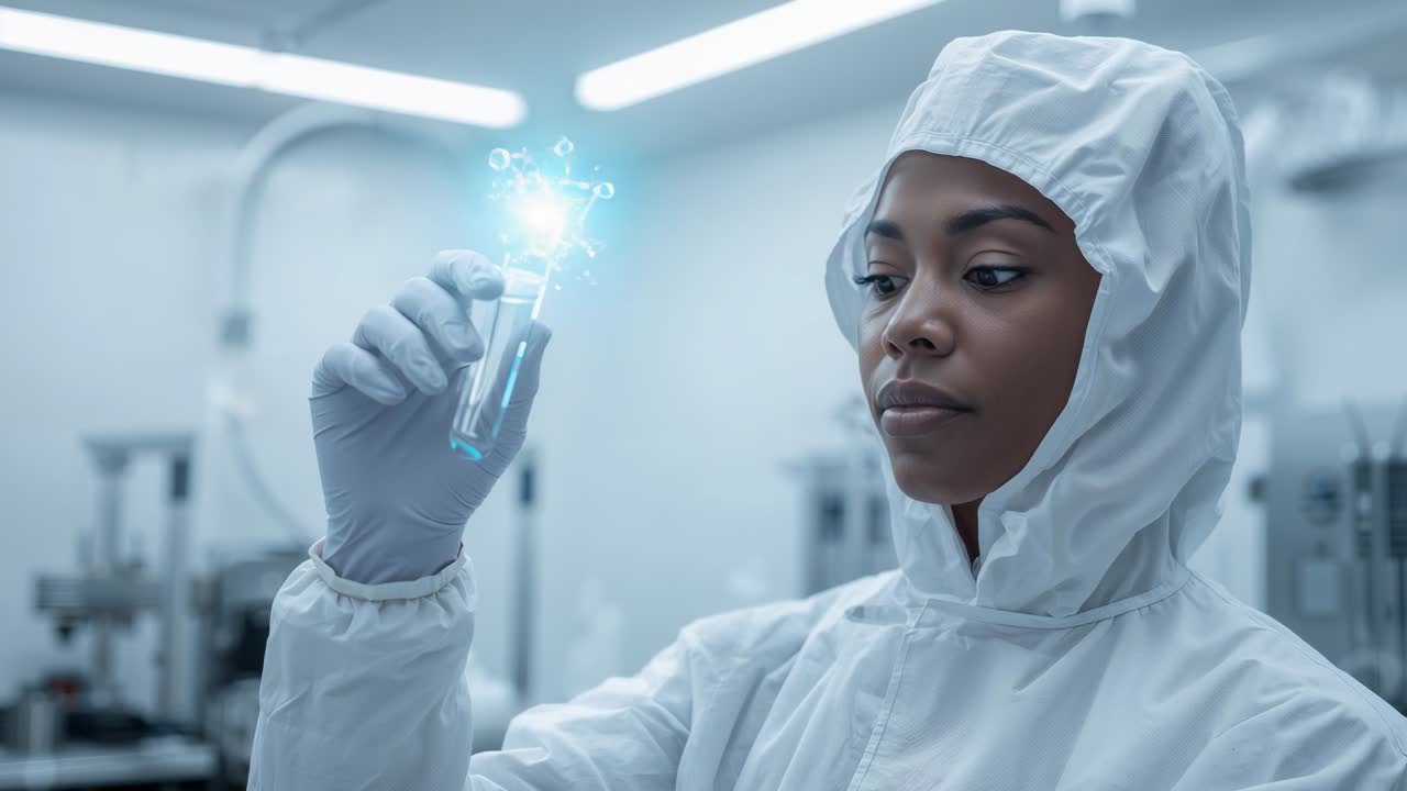 Examen d’un technicien ganté en combinaison tenant un flacon et suivant un hologramme ascendant confirmant les données en laboratoire, espace de copie