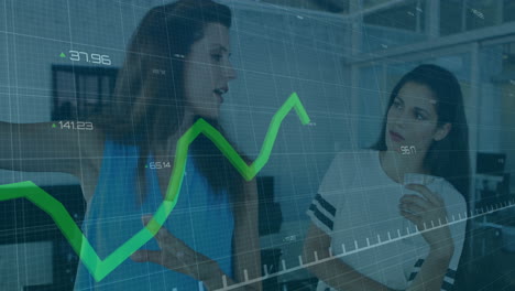 análisis de datos financieros, mujeres en el cargo con superposición de animación del mercado de valores