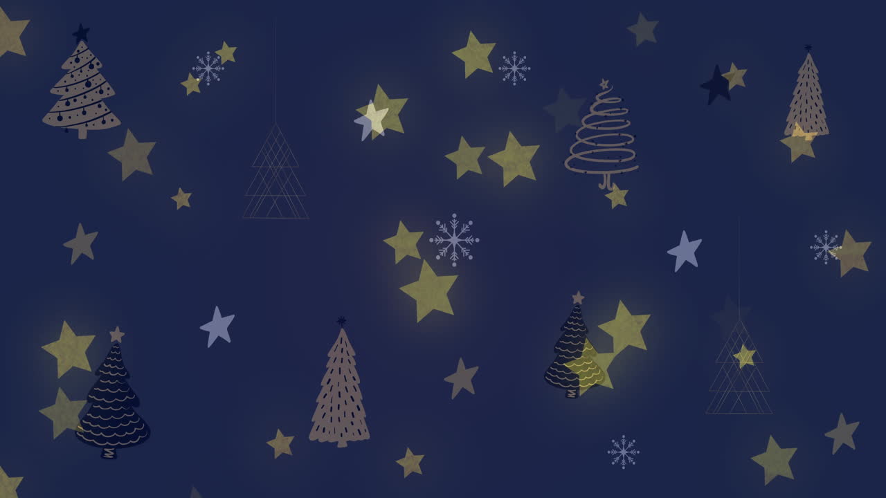 animación de estrellas y patrón de árbol de navidad en fondo oscuro