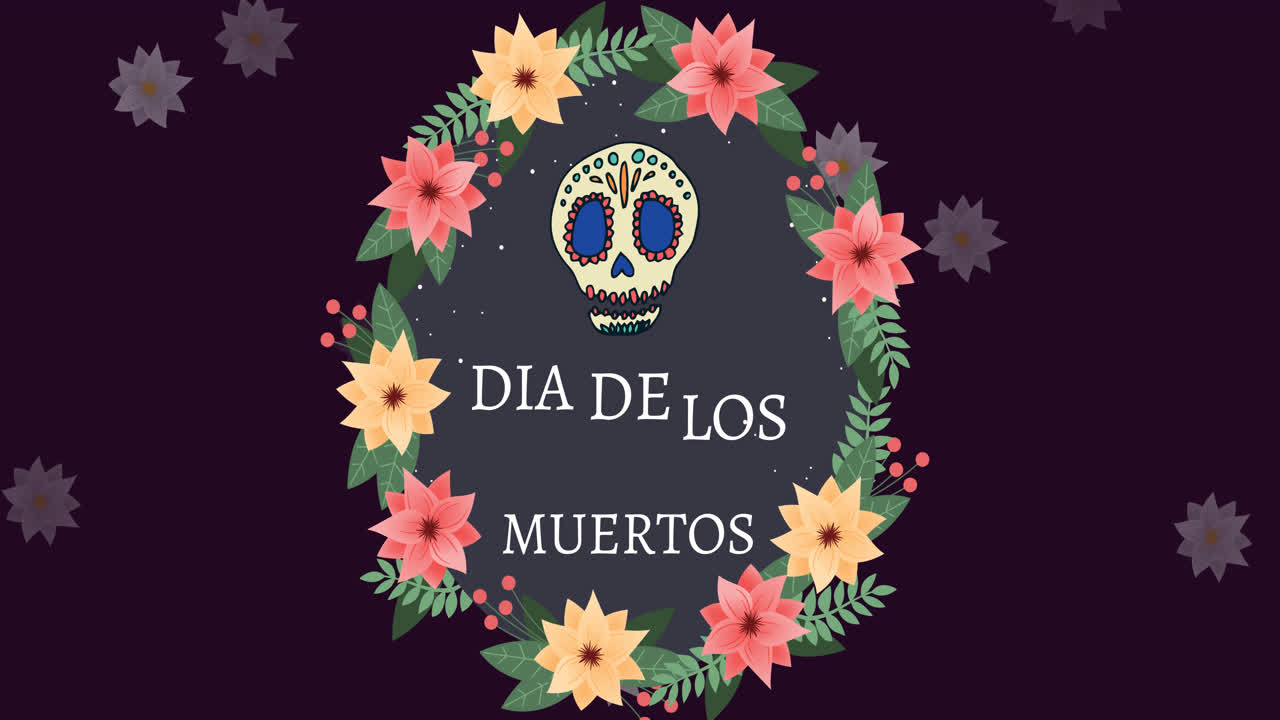 Animation of dia de los muertos and skull in circle of flowers on brown background