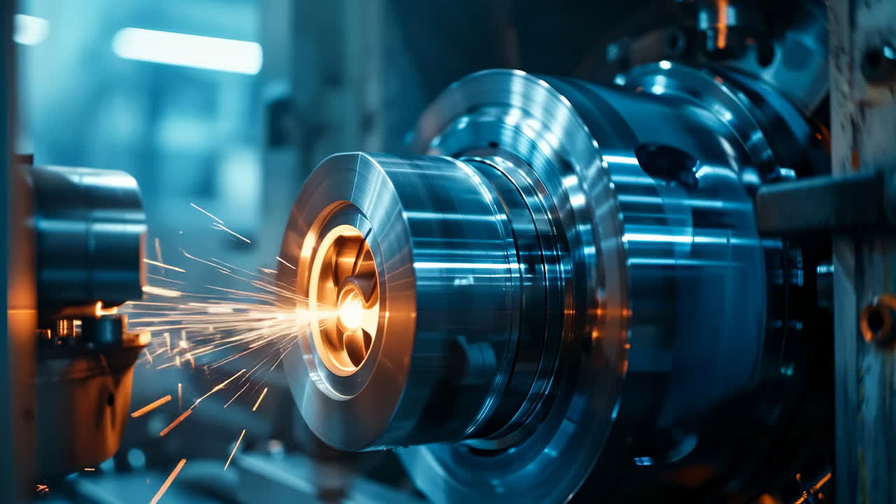 Metalwork sparks in modern machinery. A metal piece is shaping under machinery with bright sparks flying in a workshop setting during daylight hours