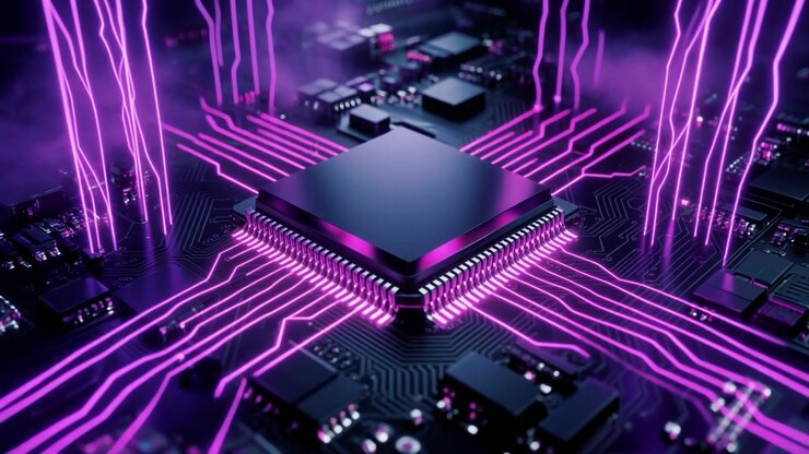 Central processorchip med glødende lilla datastrømme på printkort