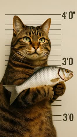 Adorable cat holding a fish in a height measurement frame for fun and captivating imagery