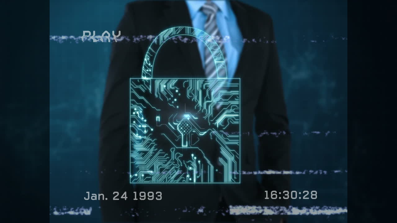 Businessman with digital lock animation over glitchy video timestamp and play icon