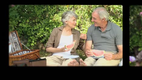 montaje de una pareja jubilada divirtiéndose