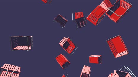 red plastic shopping baskets on dull-blue background.