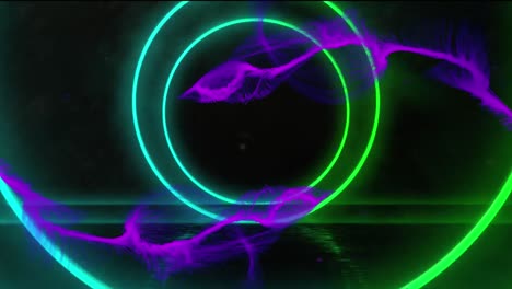 animation of purple light trails and neon circles moving on seamless loop on dark background