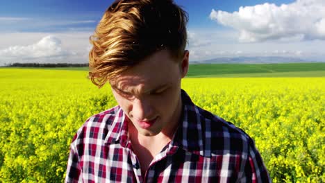 Man-taking-picture-from-camera-in-mustard-field