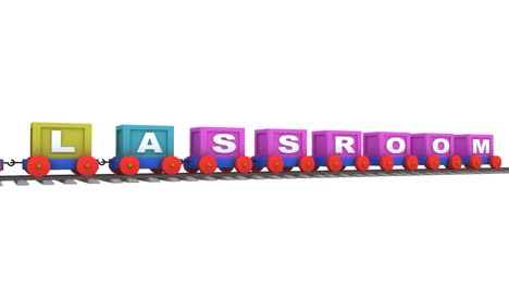 animation of a 3d train carrying classroom letters