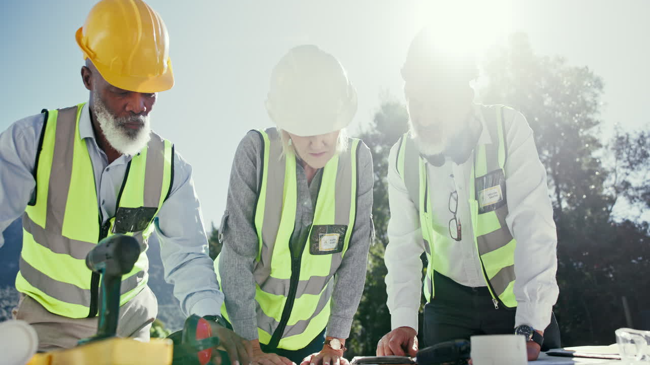 Construction Team Inspecting Blueprints on Site