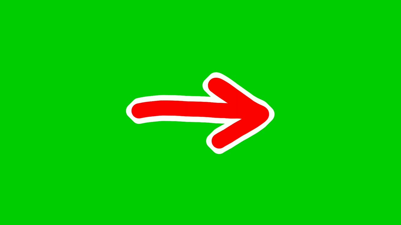 animación de flecha dibujada a mano pantalla verde, color rojo flecha de dibujos animados que señala el lado derecho en el fondo de la pantalla verde