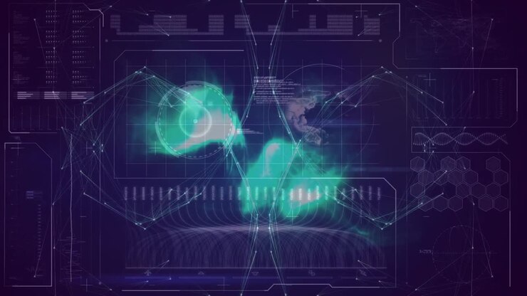Animation of connections and data processing on digital screen with globe