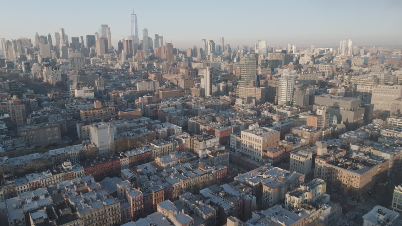 Aerial view of New York City's East Village. Shot at sunrise in Lower Manhattan