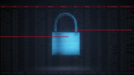 animation of security padlock over data processing on dark background