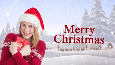 Animation-of-happy-caucasian-woman-wearing-santa-hat-keeping-present-over-winter-scenery