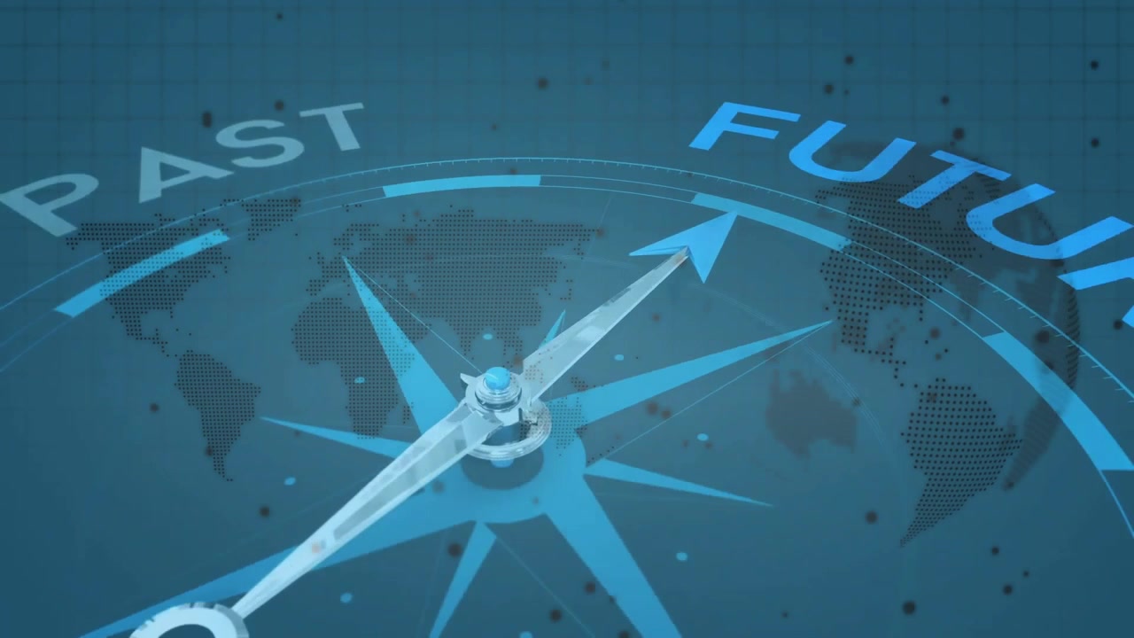 Digital compass spinning over dotted map grid, highlighting needles pointing future in 3D render