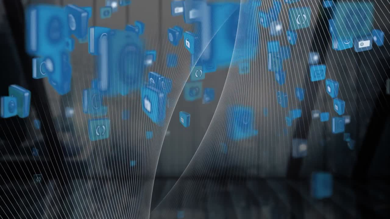 animación de iconos y líneas blancas sobre la ventana