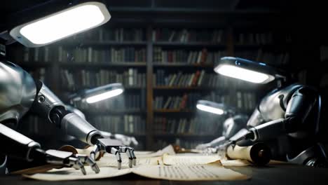 in a dimly lit library, robots carefully examine ancient manuscripts under bright lamps. their metallic arms interact with pages as they gather information, showcasing advanced research capabilities.