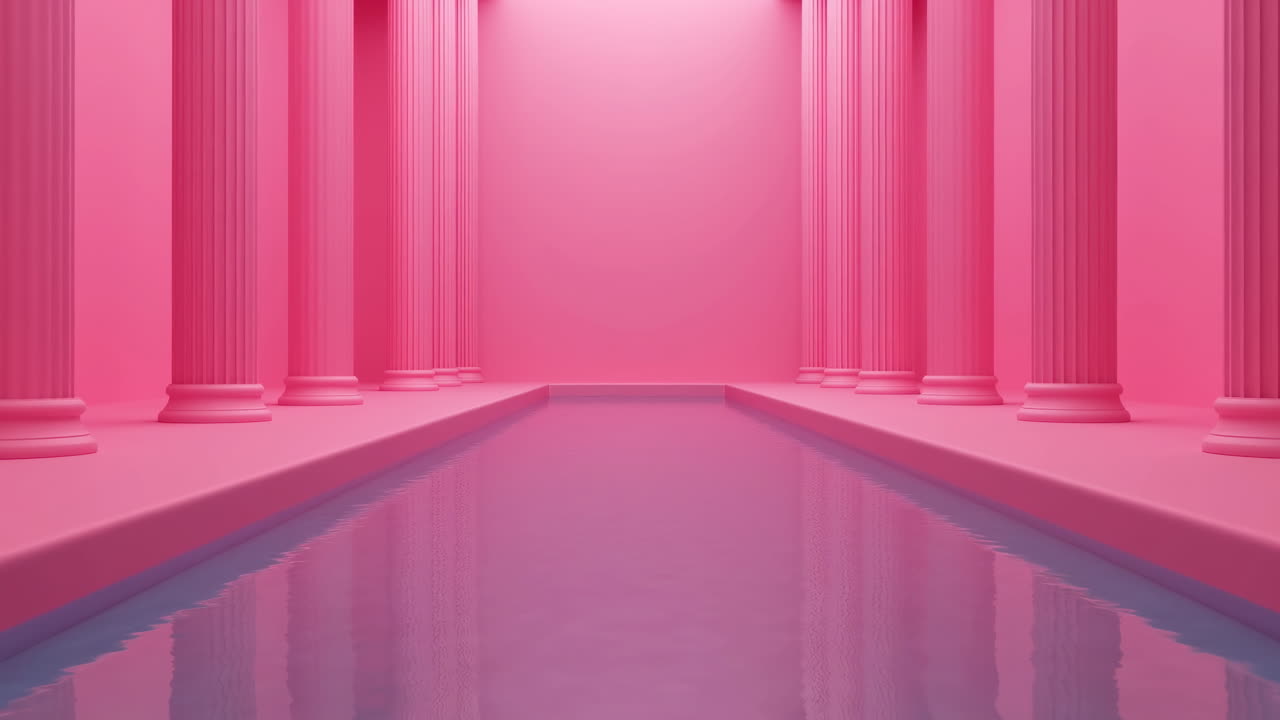 Corredor rosa simétrico com colunas e água refletora