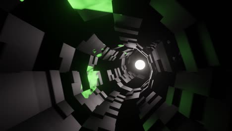 glowing spherical light flying into a dark sci-fi alien tunnel. abstract seamless motion graphic background.