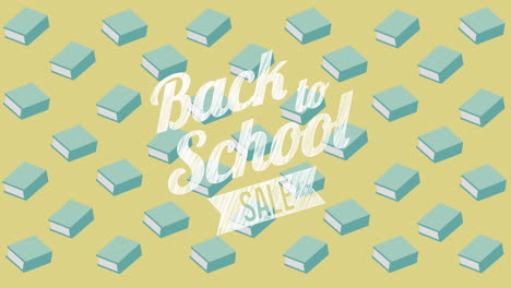 animation of back to school sale text over school items icons on green background