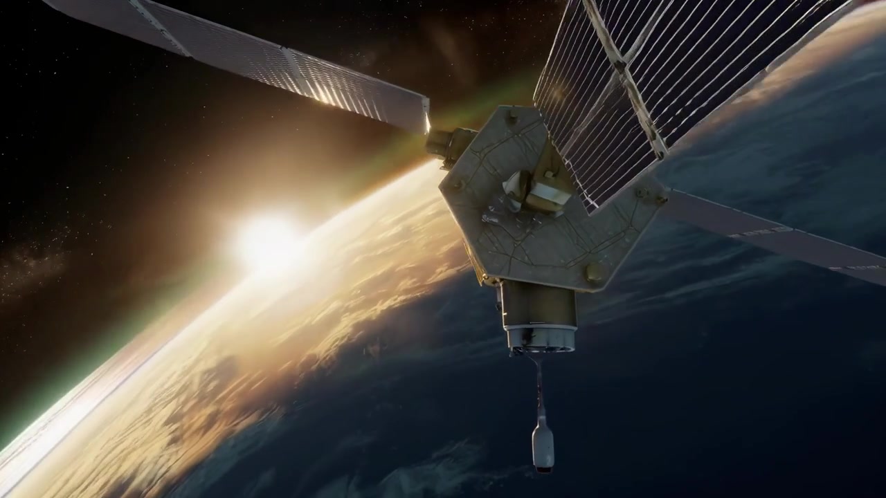 Satellite moderno in orbita attorno al pianeta Terra all'alba