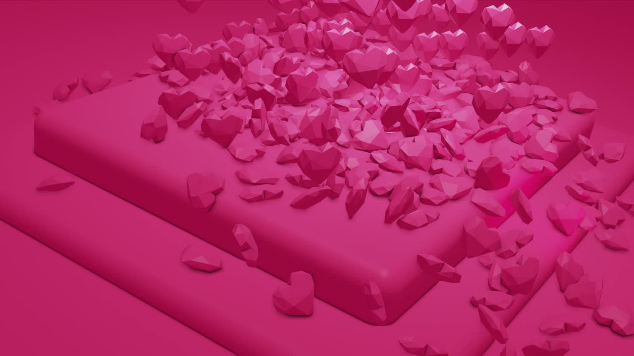 Pink glamor falling polygonal hearts. Valentines Day. event background. 3D rendering loopable animation 4k