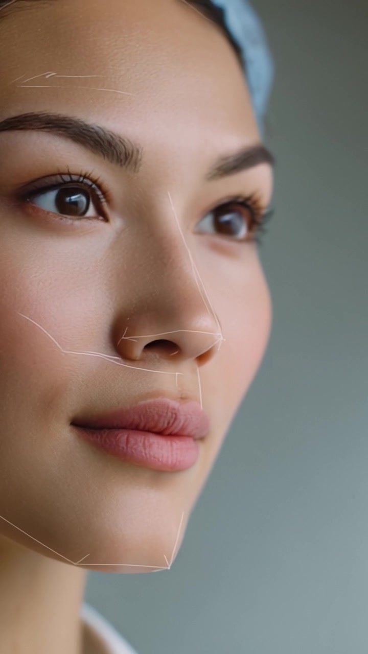 Primo Piano Accattivante del Volto di una Donna con Tratti Definiti Evidenziati Tramite Contornatura Digitale ed Espressioni Sottili, Che Irradia Bellezza Naturale ed Eleganza