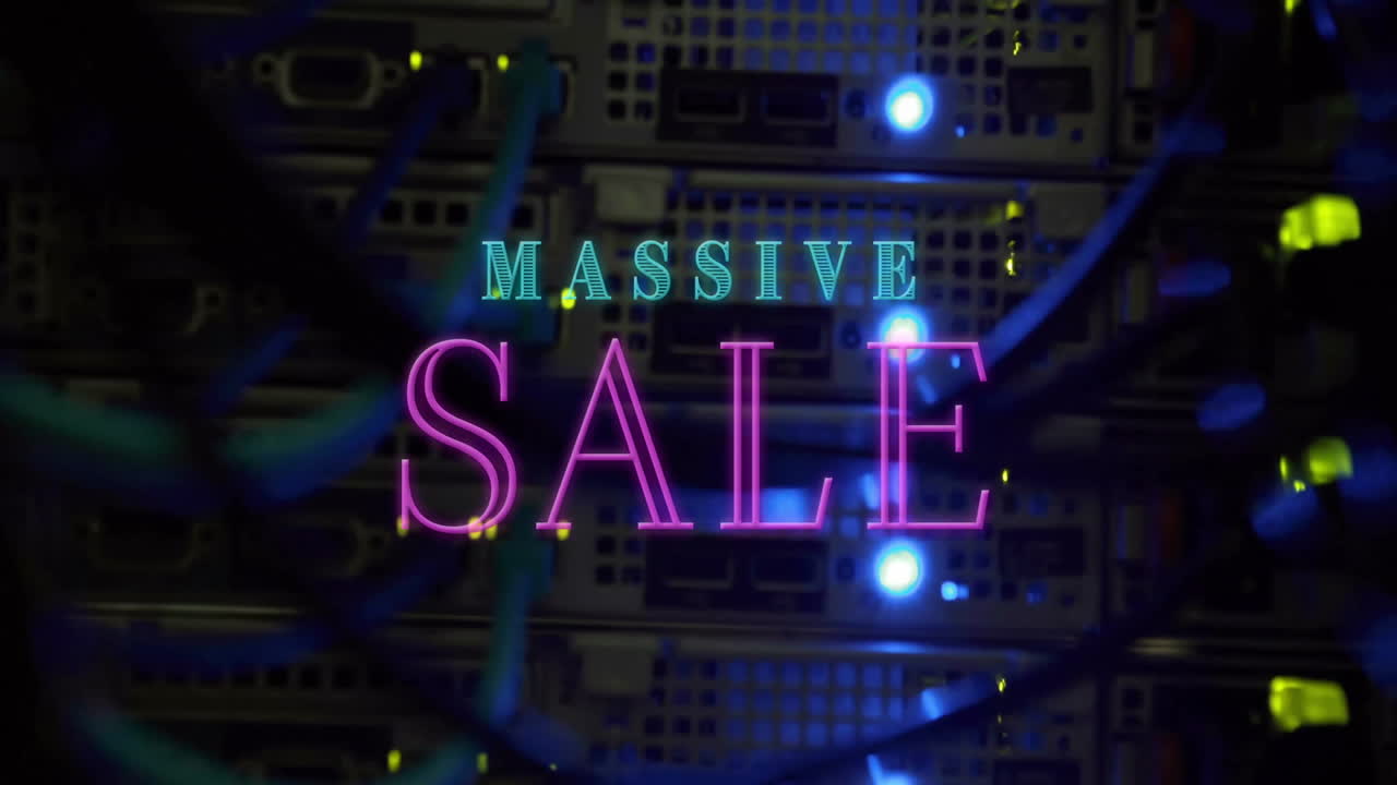 반이는 불빛으로 서버 랙 위에 거대한 판매 텍스트 애니메이션