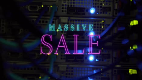 massive sale text animation over server racks with glowing lights