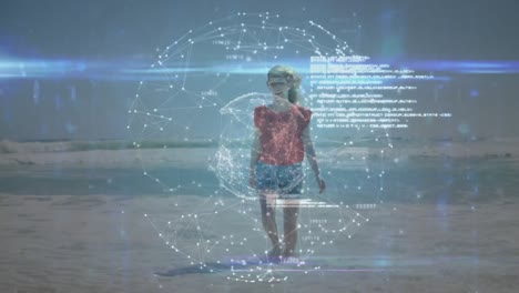 animación del procesamiento de datos sobre una mujer caucásica en la playa