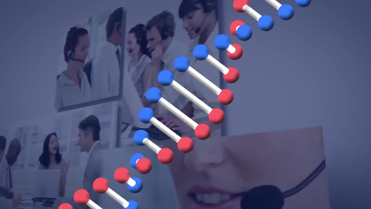 노트북을 사용하는 사업가들에 대한 dna 스트랜드의 애니메이션