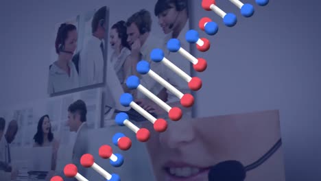 animación de la cadena de adn sobre personas de negocios que usan computadoras portátiles