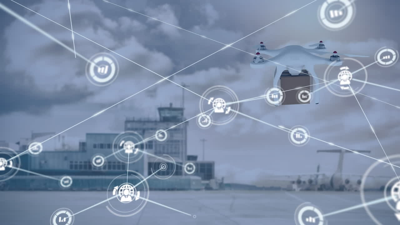 도시 풍경 위의 파일과 함께 드론을 통해 연결 네트워크의 애니메이션