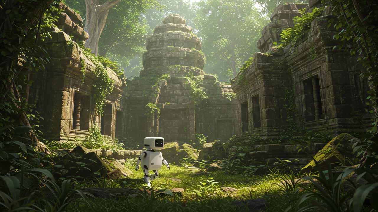 A curious robot explores a forgotten ancient temple overtaken by lush greenery and nature, capturing the beauty of nature's reclaiming while contemplating its surroundings