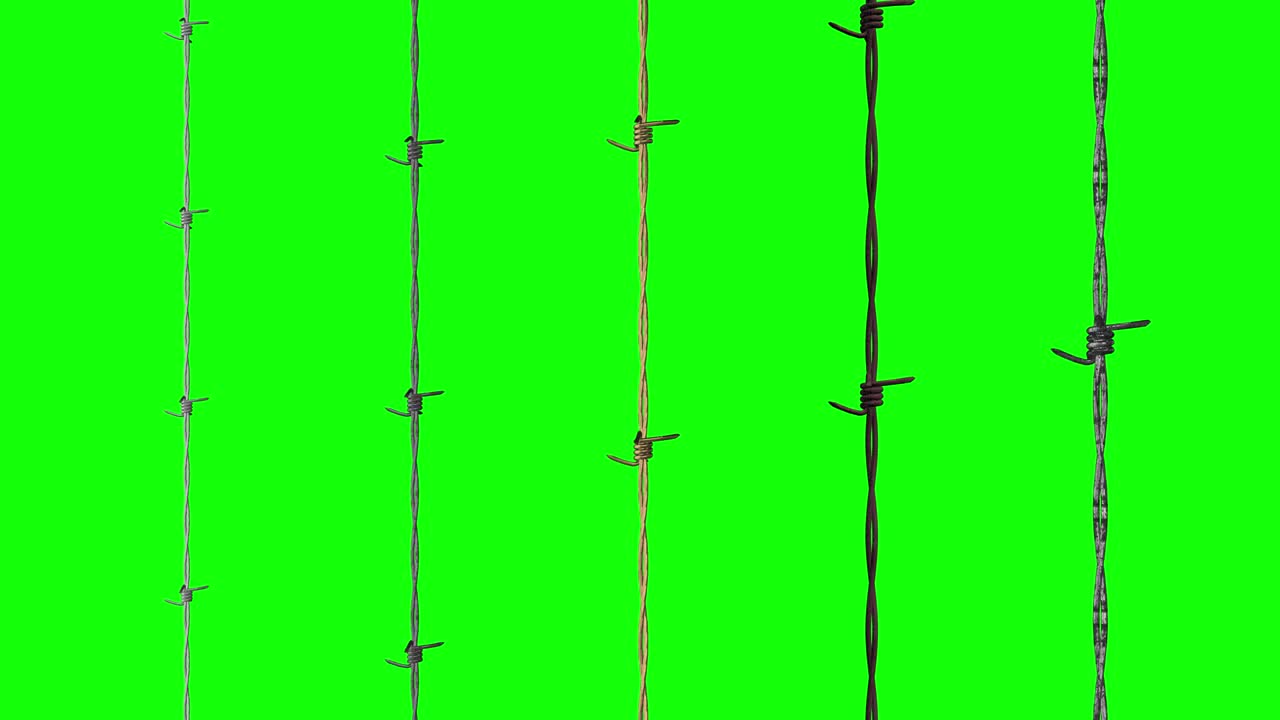 5 가지 다른 유형의 가시 와이어 울타리 울타리 강철 녹색 화면 루프 애니메이션 3d