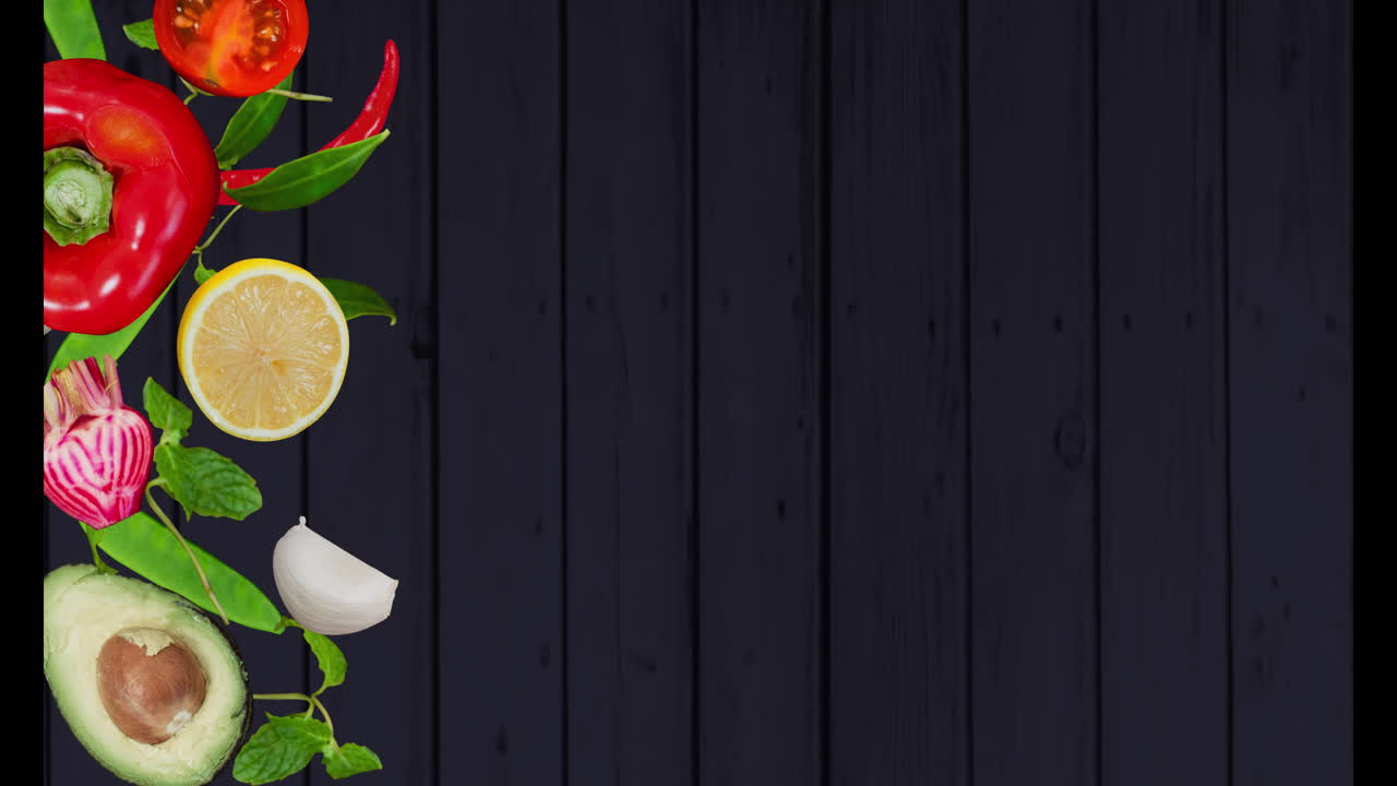 복사 공간과 함께 검은 바탕에 채소의 애니메이션