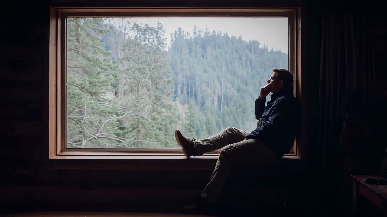Gazing at forest, male shifting, touching chin on picture window seat in cabin, jacket, copy space