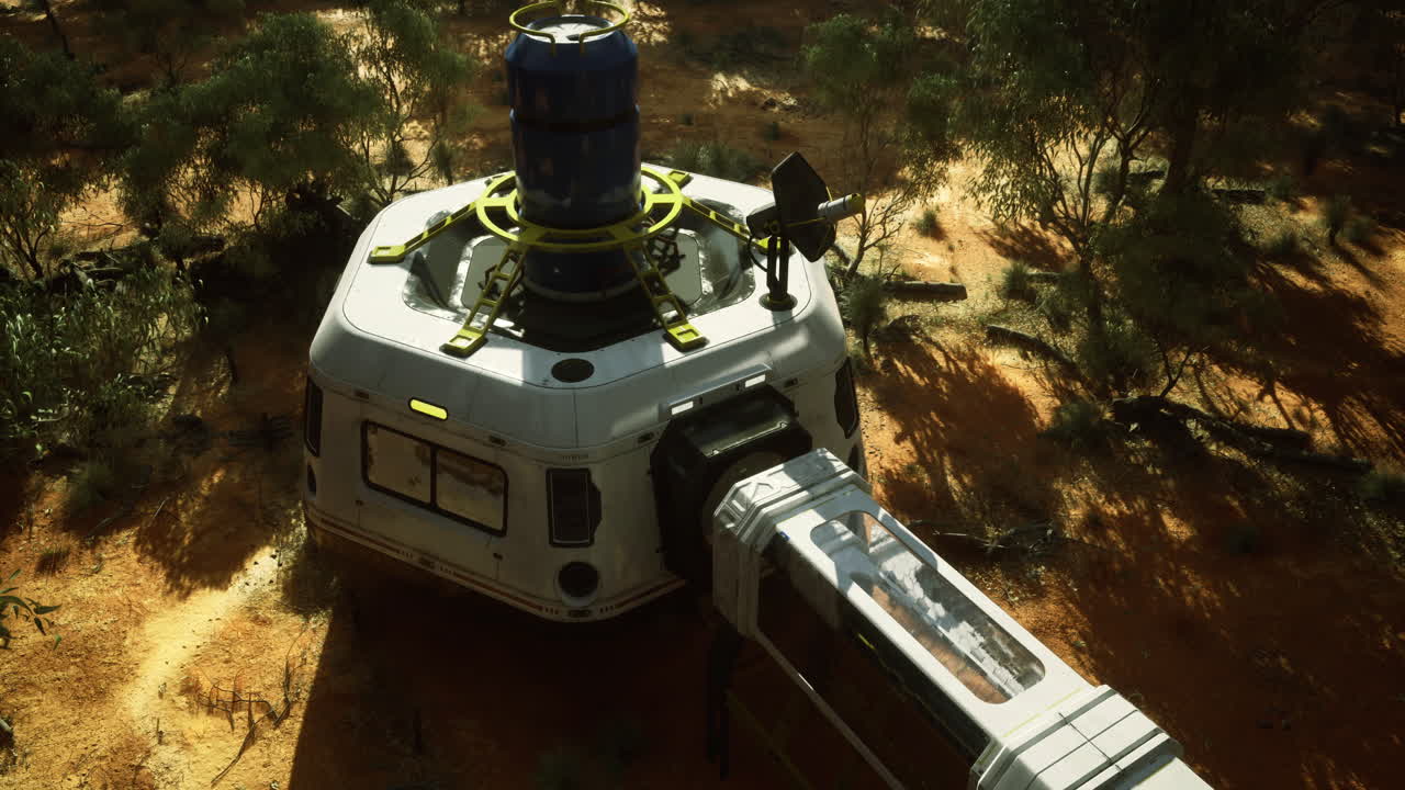 Exploration outpost set in a desert landscape with advanced technology