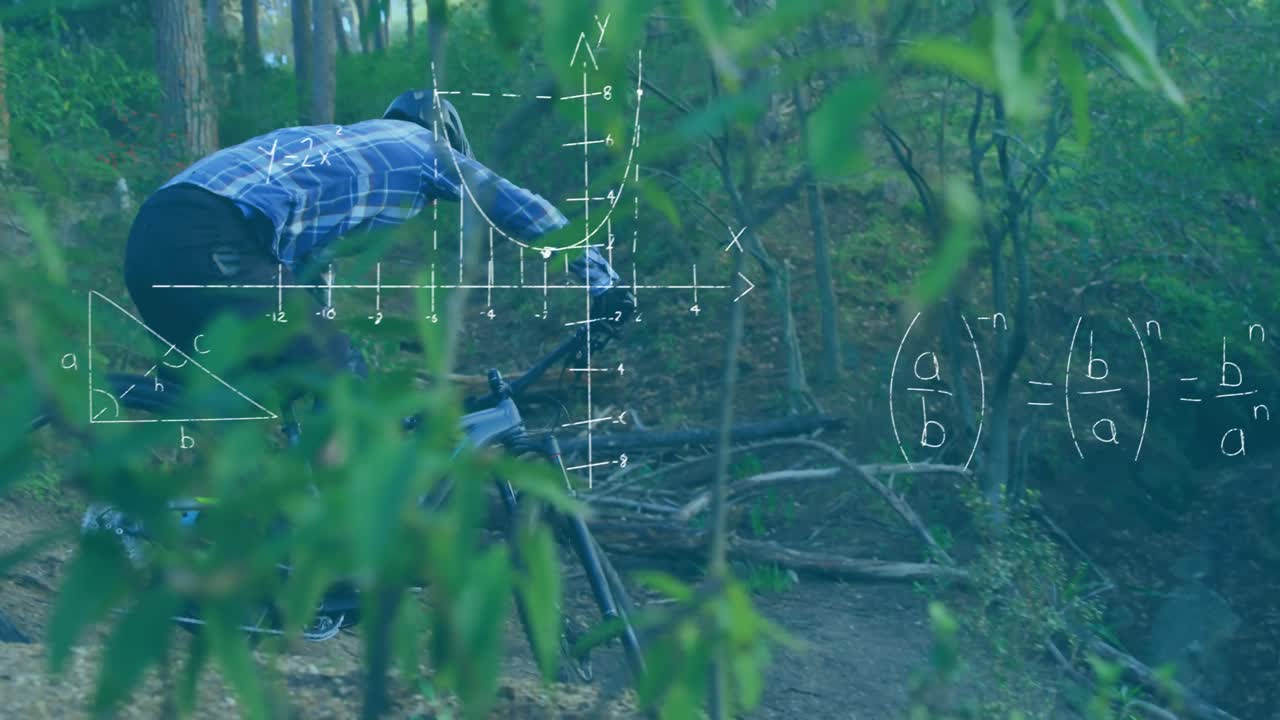 ecuaciones matemáticas y diagramas contra el hombre en bicicleta en el bosque