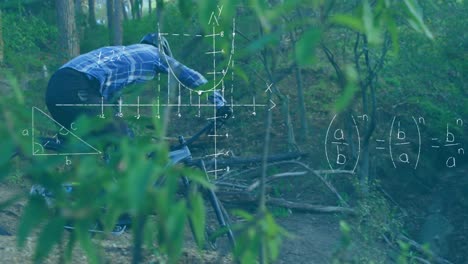 mathematical equations and diagrams against man cycling in the forest