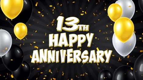 feliz 13o aniversario texto negro con confeti dorado cayendo y partículas de brillo, coloridos globos voladores animación de bucle sin fisuras para el saludo, tarjeta de invitación, fiesta, celebración, festival.