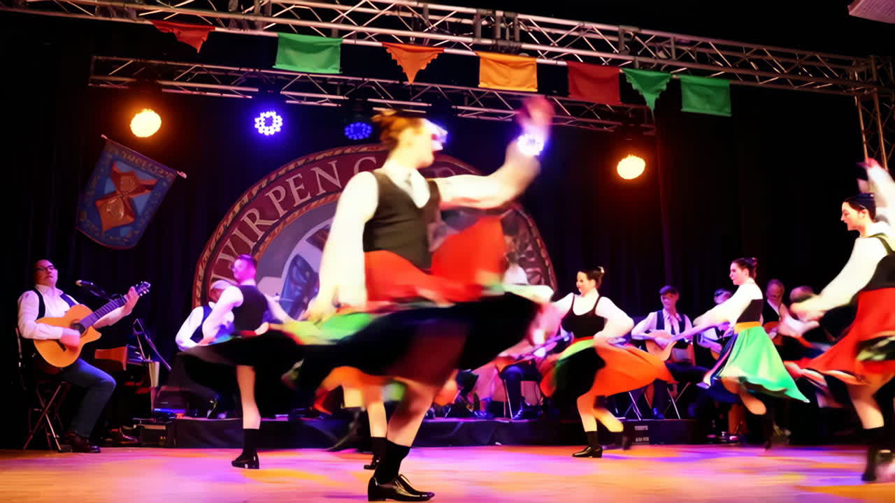 Energetic Folk Dance Performance with Live Music on Stage