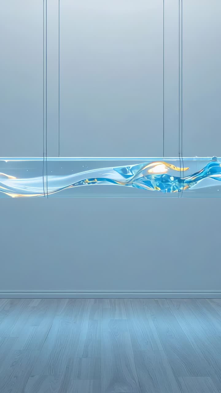 Vertical video: Shifting light initiating glassy blue ribbon undulating on pale-blue wall, glinting